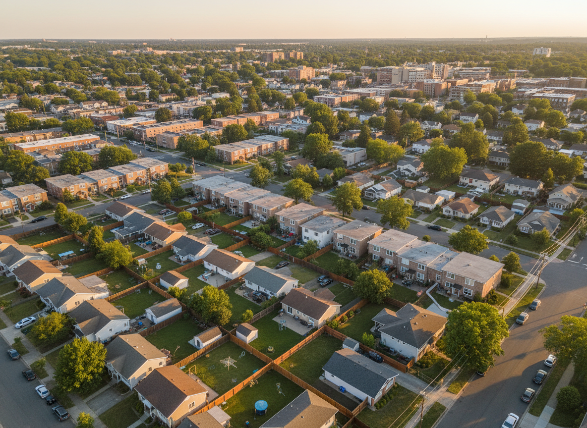 A high-realism aerial-style view of a mixed residential neighborhood